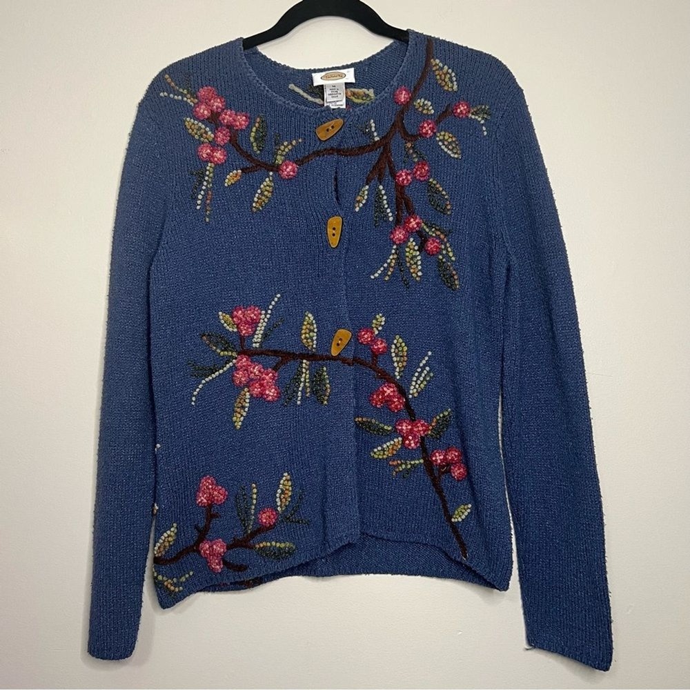 Talbots Embroidered Cardigan Sweater Silk Blend Floral Beaded Blue M Lagonlook‎